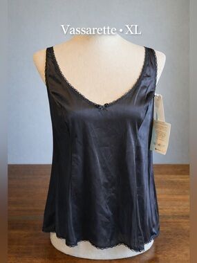 NWT Vassarette Satin Cami XL Black Lace Trim Y2K Sleep Top